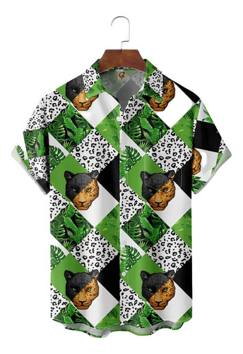 Hjb Camisa Hawaiana Unisex Verde Con Estampado De Leopardo,