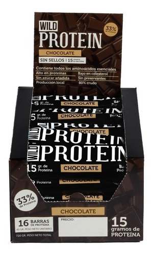 Suplemento en barra Wild Foods  Wild Protein proteína sabor chocolate en caja de 720g 16 un
