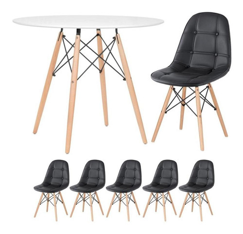 Kit Mesa Jantar Eames Wood 90 Cm E 5 Cadeiras Eames Botonê Cor Da Tampa Mesa Branco Com Cadeiras Preto