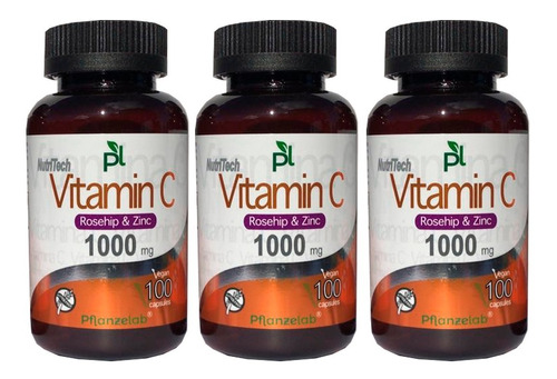 3x Vitamina C 1000mg 100 Un / Formula Zinc+rose Hips / Vegan