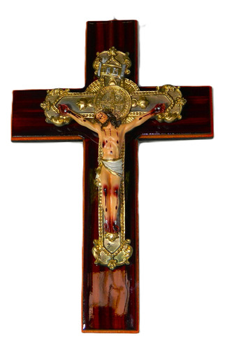 Crucifijo Cristo Medalla San Benito 28x18cms Resina/madera Dorado