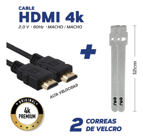 Cable Hdmi 4k, 3mt + 2 Correas De Velcro
