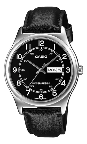comprar Reloj Casio MTP-V006L-1B2 Hombre Con Calendario Doble Formato En Hora Y Minuteria Fondo Negro Correa De Cuero Negra Caja De Acero Inoxidable Plateada