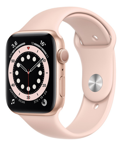 Imagem 1 de 8 de Apple Watch Series 6 (GPS) - Caixa de alumínio dourado de 44 mm - Pulseira esportiva rosa-areia