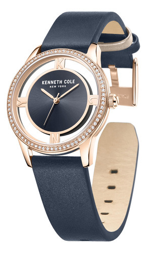 Reloj pulsera Kenneth Cole KCWLA2220104, analógico, para mujer, con correa de cuero color azul, bisel color rosa y hebilla doble