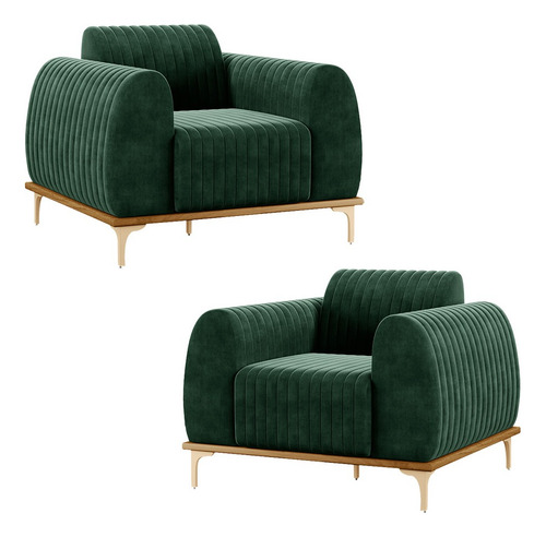 Kit 2 Poltronas Base De Madeira Euro Veludo Verde Gran Belo