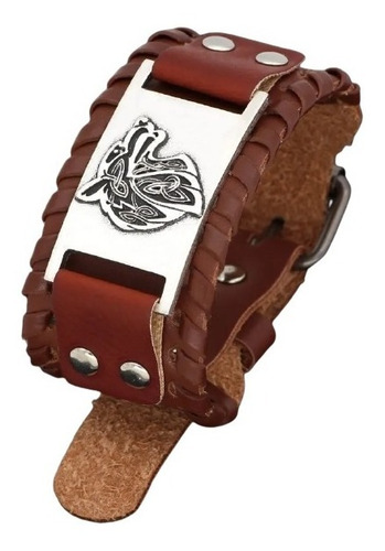 Pulsera Brazalete Cuero Slavo Lobo Odin Vikingo Para Hombre