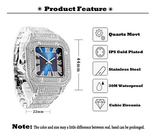 Reloj de diamantes Hip-hop para hombre con números romanos, color de fondo dorado/azul