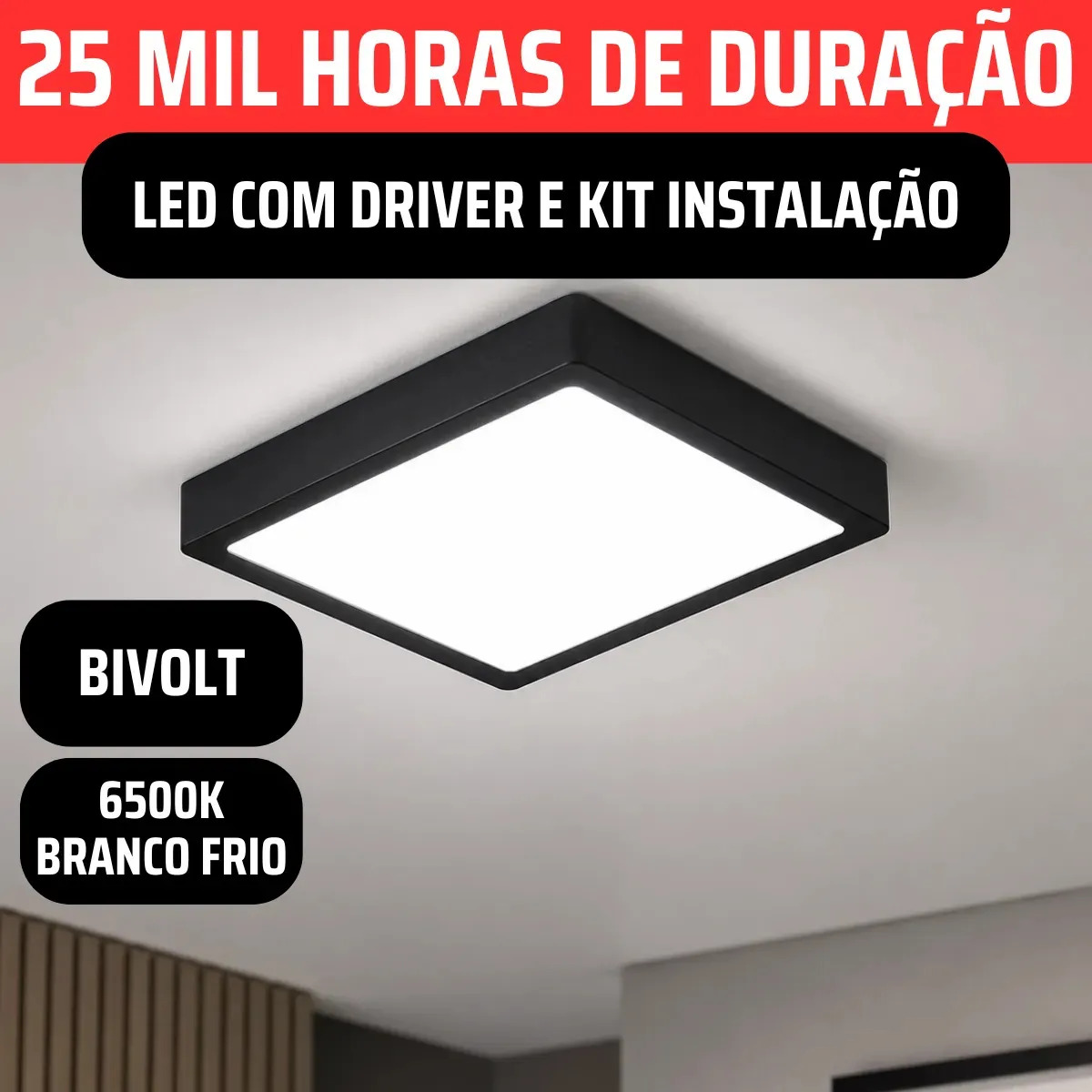 Plafon Led Quadrado Sobrepor Estrutura Preta Bivolt 110v/220v Painel Luminária Com Driver 18w Slim 20x20 Teto Quarto Sala Cozinha Corredor Escritório Forro Gesso Pvc Madeira 6500K Vmd Homecenter