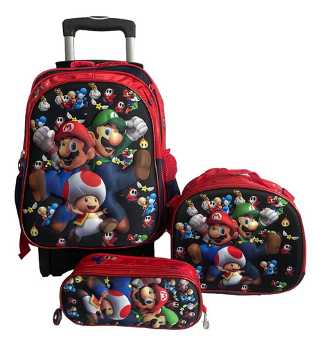 Kit Mochila De Mario Primaria Con Lonchera Lapicera Y Ruedas