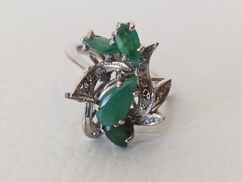 Anillo Plata Paladio 4 Esmeraldas Y Diamantitos Plateado (Usado)