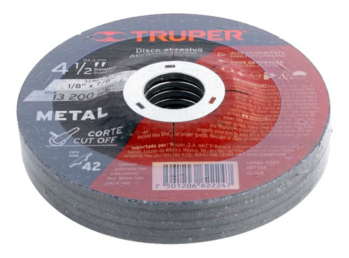 5 Pz Disco 4.5'' Corte Metal 3.2mm T42 Esmeril Truper 12569