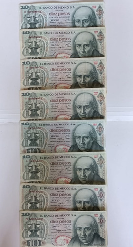 Billetes De 10 Pesos Mex1970-1975 (lote 8pzas) Excelente Edo