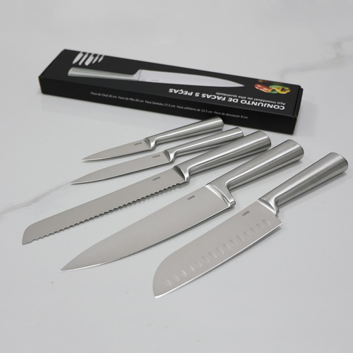 Kit De Facas de Cozinha Grandes de Aço Inoxidavel 3cr13 Conjunto Completo De 5 Peças Para Cozinha Churrasco Cabo Inox Ergonomico Faca Do Chef Santoku Pão Descascar Multiuso