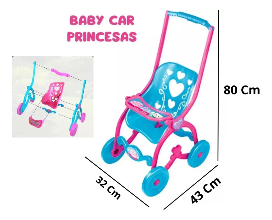 Carrinho de Boneca Baby Car Princesas Florzinha Brinquemix Cor Azul/Rosa
