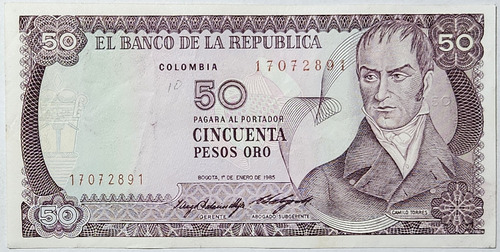 Billete 50 Pesos 01/ene/1985 Sin Fibras Colombia Xf