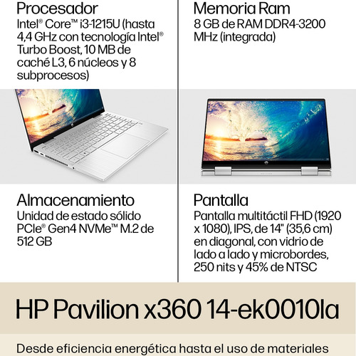 Notebook HP 14-ek0010la Intel Core i3 - 8GB RAM - 512GB SSD - 14" Multi Táctil - Plata Natural - Excelente (Reacondicionado)