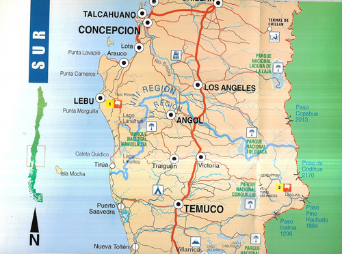 Tríptico Mapa Obras Viales Sur Chile Lagos Bosques Volcanes (Usado)