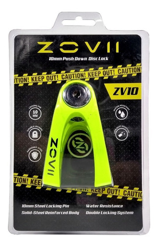 Imagen 4 de 5 de Traba Disco Zovii Sin Alarma Verde Fluo Perno 10mm Hanex Um