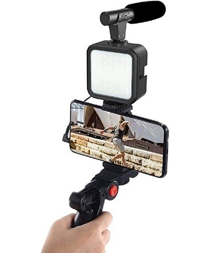 Soporte Tripode Celular + Micrófono Y 3 Luces Led Kit Vlog