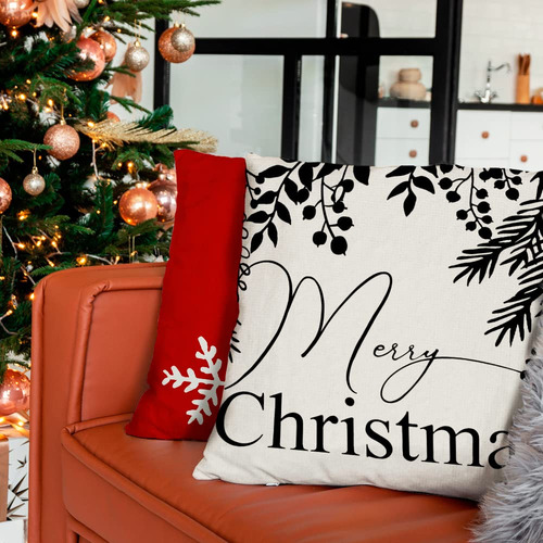 Fundas De Almohada Navideñas 18x18 Pulgadas Juego De 4 Rojo, Blanco, Negro Navidad