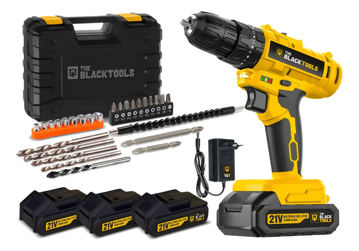 Parafusadeira Furadeira De Impacto Sem Fio Com 3 Baterias 21V Com Maleta E Acessorios Profissional The Black Tools