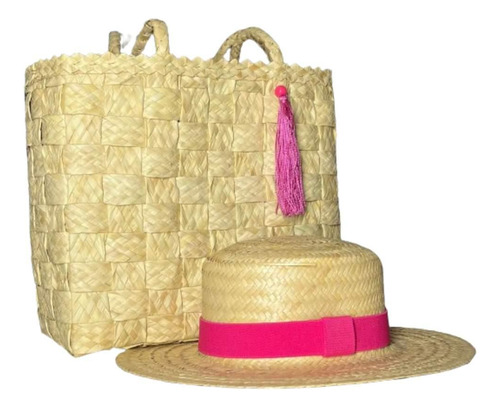 Bolsa Tote Bahamas Pingente + Chapéu Feminino Praia Kit 2 Cor Bege/rosa