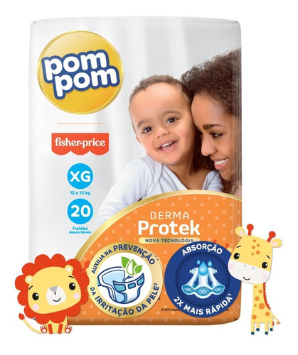Imagem 3 de 9 de Kit Pom Pom Fraldas Derma Xg 120u + Brinde Babador Fisher