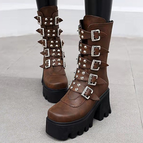 Botas Mujer Plataforma Punk Con Hebilla Con Cremallera A