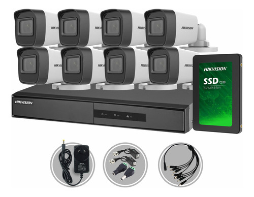 Kit Seguridad Hikvision Cctv Dvr 8ch + 8 Camaras 720p 1mp + Disco + Cables + Fuente 12v Listo Para Instalar