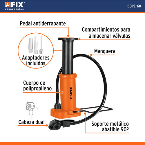 Bomba Para Inflar Balones Llantas De Pedal Truper C/valvulas Color Naranja