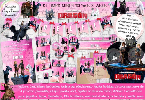 Kit Imprimible Como Entrenar A Tu Dragon Rosa 100% Editable