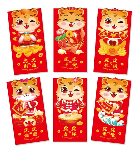 6 Sobres Rojos Chinos Con El Año Del Tigre Hong Bao Mon