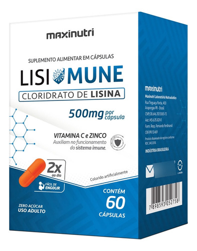 Lisimune Lisina Vitamina C Zinco 60 Capsulas Maxinutri