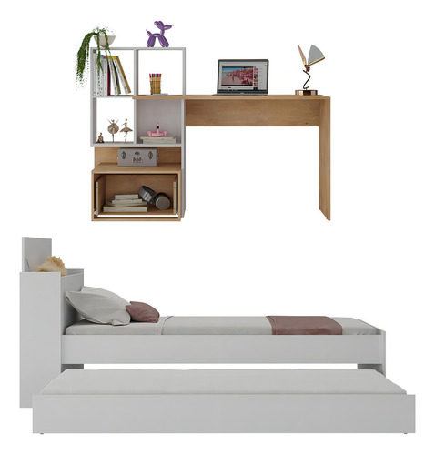 Conjunto Quarto Bicama com Baú e Escrivaninha Multimóveis MP4122 Cor Branco/rustic
