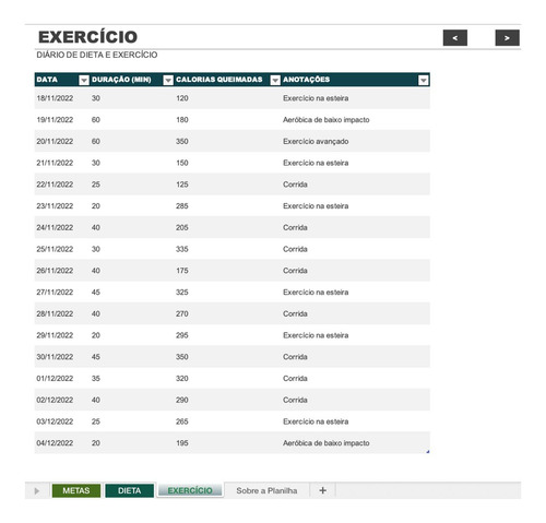 Planilha Excel Dieta E Exercícios Diarios Em Excel