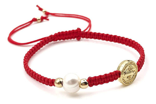 Pulsera De Mujer Ajustable Tejida Mano Hilo Rojo Medall...