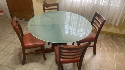 Juego De Comedor Madera Maciza Y Vidrio Con 4 Sillas Cuero