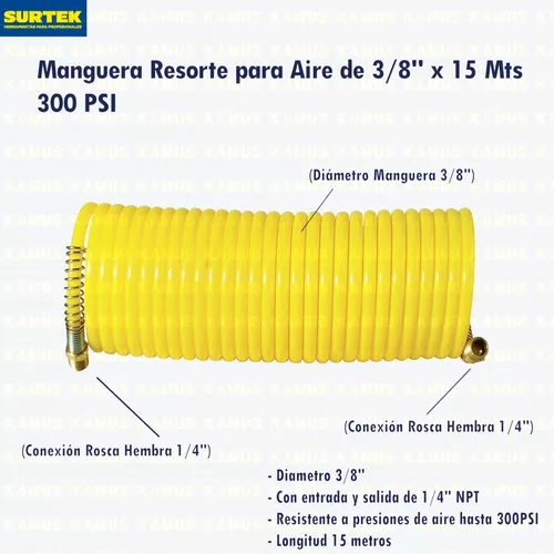Manguera Compresor Resorte Espiral Aire 15m 1/4 300 Psi