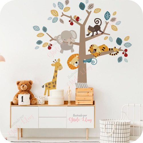 Vinilo Decorativo Infantil Bebe Árbol Con Animales León 