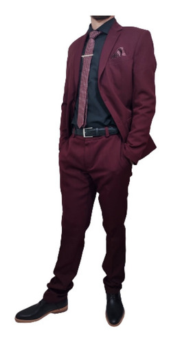 Imagen 2 de 9 de Ambo Traje Bordo Entallado Moda Con Chaleco