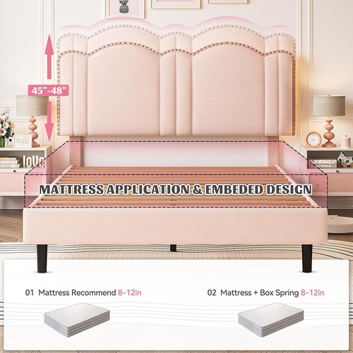 Bed Frame C/ Luces Led Enhomee Matrimonial Rosa