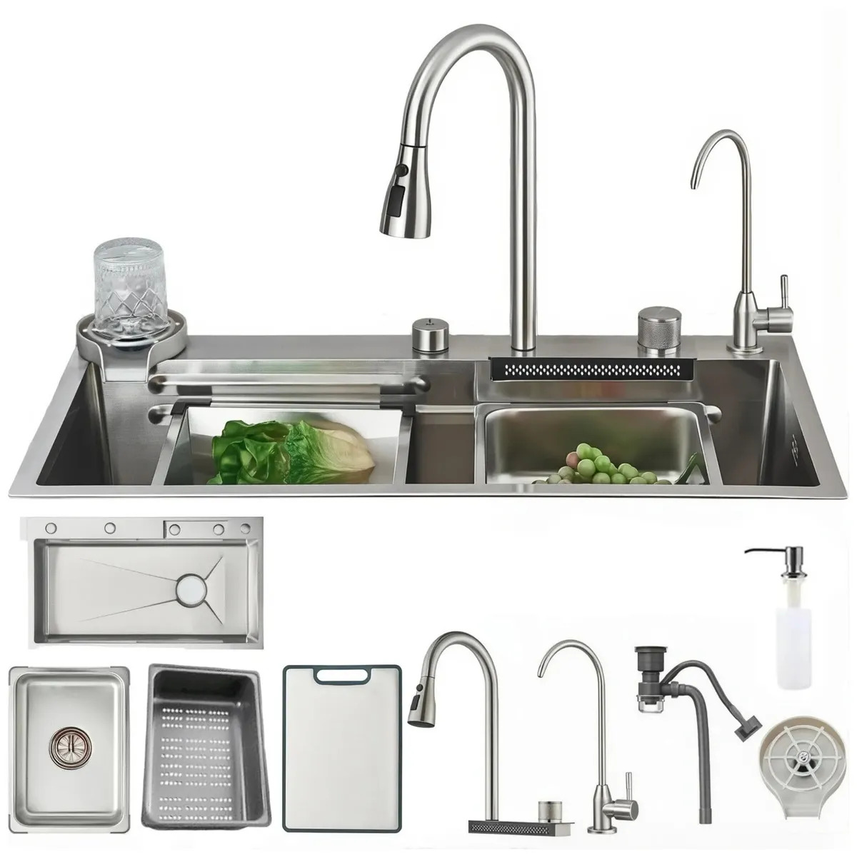 Fregadero de Cocina WEGOPAI 80x45cm de Acero Inoxidable con Grifo Cascada y Accesorios