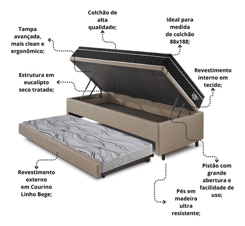 Bicama Box Baú + Colchão Gransleep Molas Courino Bege 88x188
