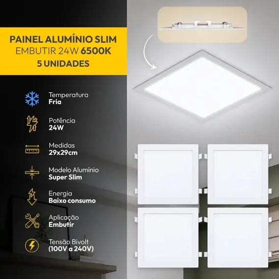 Kit 5 Painel Led Plafon Aluminio Embutir 24w 6500K Branco Frio 29x29Cm Quadrado Cod: ALUT190075-5 Alut By Avant