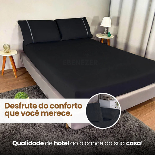 Lençol King Padrão C/ Elástico Fronha Ponto Palito Macio 3 Peças 400 Fios Premium Toque Macio Cor Preto