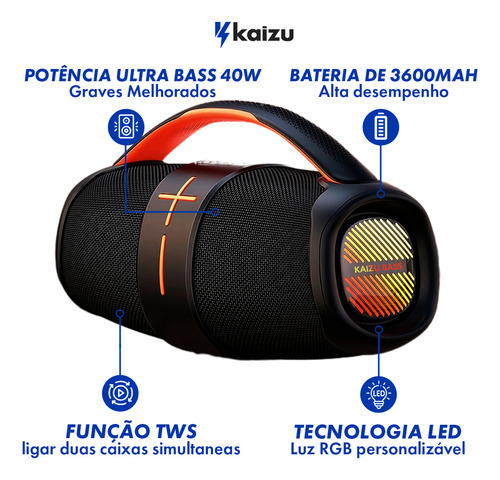 Caixa De Som Bluetooth 7.1 Potente Amplificada Subwoofer RGB Led Tws Aprova D'água Ipx6 127/220V Kaizu