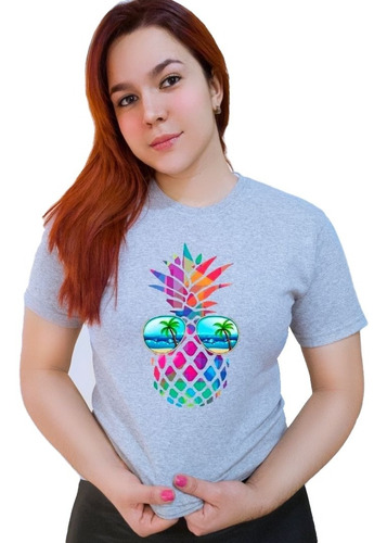 Polera Dama Estampada 100%algodon Diseño Piña De Colores