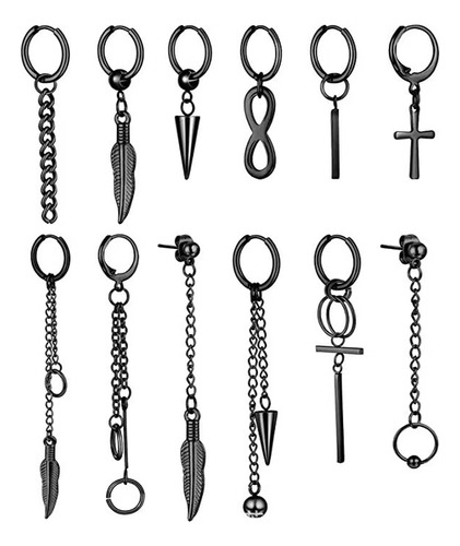 12 Pcz Aretes Hombre Negros Piercing Acero Colgantes Bts