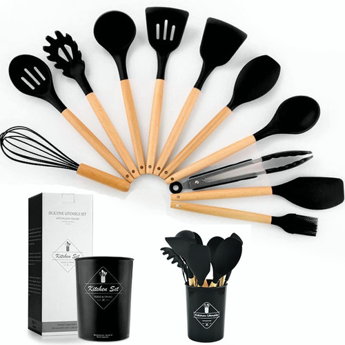 Utensilios De Cocina Mango De Silicona Y Madera 12 Pz Color Negro